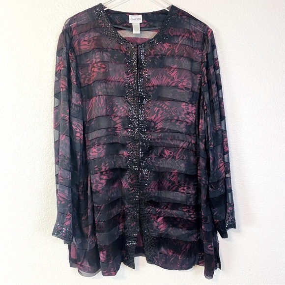 Chico’s Black/Burgundy Stripe Burnout Sequin Trim Blouse Size 16 - Picture 1 of 8